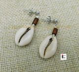 Cowrie Earrings Silver Post Dangle Jewelry Wood Beaded Women Small Ethnic Handmade