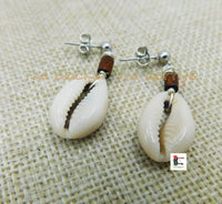 Cowrie Earrings Silver Post Dangle Jewelry Wood Beaded Women Small Ethnic Handmade