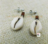 Cowrie Earrings Silver Post Dangle Jewelry Wood Beaded Women Small Ethnic Handmade