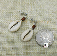 Cowrie Earrings Silver Post Dangle Jewelry Wood Beaded Women Small Ethnic Handmade