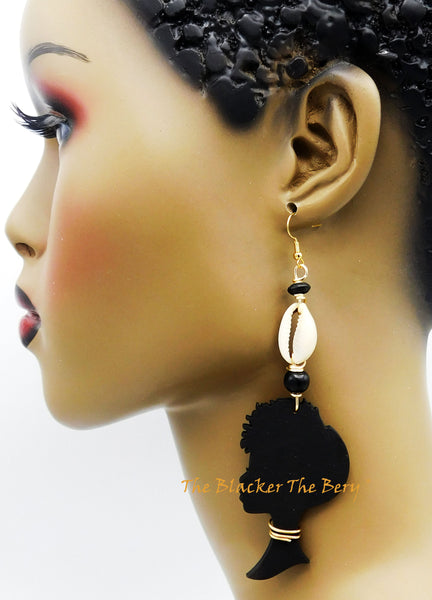 African Earrings Long Women Silhouette Jewelry Black Handmade Hand Painted