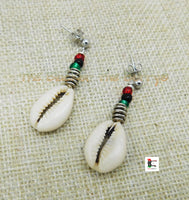 Cowrie Earrings Silver Post Dangle Jewelry RBG Pan African Beaded Women Small Ethnic Handmade