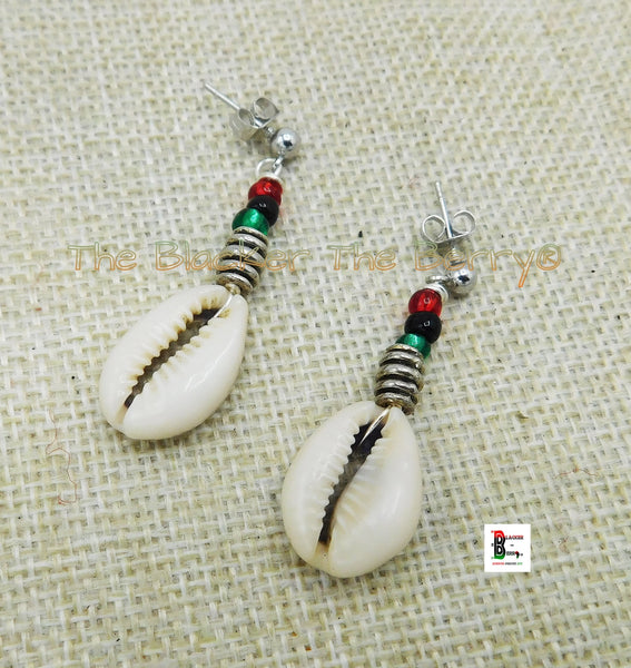 Cowrie Earrings Silver Post Dangle Jewelry RBG Pan African Beaded Women Small Ethnic Handmade