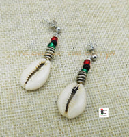 Cowrie Earrings Silver Post Dangle Jewelry RBG Pan African Beaded Women Small Ethnic Handmade