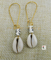 Cowrie Earrings Long Wire Handmade Women White Black Dangle Jewelry
