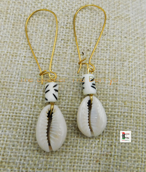 Cowrie Earrings Long Wire Handmade Women White Black Dangle Jewelry