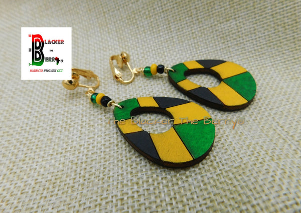 Jamaica Wooden Teardrop Clip On Earrings Green Yellow Black Handmade Hand Painted Jewelry