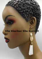 White Earrings Fringe Gold Tone Cowrie Ethnic Jewelry