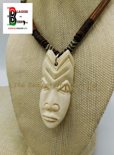 African Mask Necklace Beaded Jewelry Long Wooden Carved OOAK Black Owned