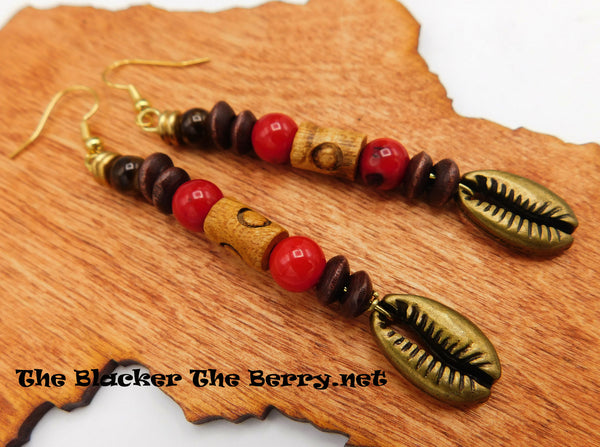 Cowrie Shell Earrings Brass Beaded Jewelry Red Brown Long Ethnic
