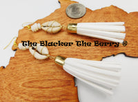 White Earrings Fringe Gold Tone Cowrie Ethnic Jewelry