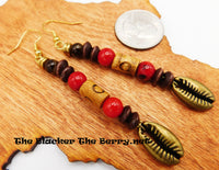 Cowrie Shell Earrings Brass Beaded Jewelry Red Brown Long Ethnic