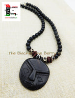African Mask Necklace Black Beaded Jewelry Afrocentric Ethnic Ebony Wood