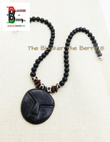 African Mask Necklace Black Beaded Jewelry Afrocentric Ethnic Ebony Wood