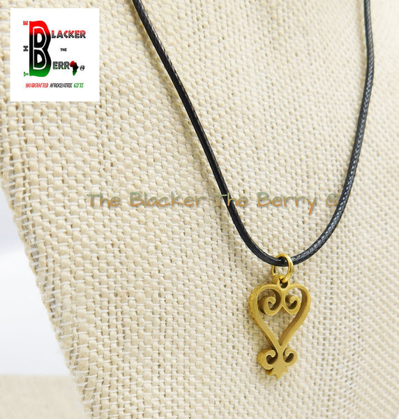 Sankofa Charm African Adinkra Gold Jewelry Black Necklace Adjustable