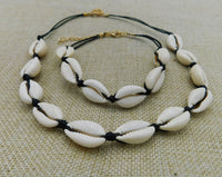 Cowrie Shell Choker Necklace Bracelet Ethnic Jewelry Set Adjustable Black