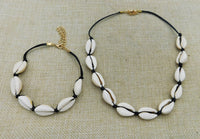 Cowrie Shell Choker Necklace Bracelet Ethnic Jewelry Set Adjustable Black