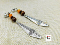 Ethnic Clip On Earrings Beaded Silver Orange Agate Non Pierced Long Jewelry Women