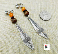 Ethnic Clip On Earrings Beaded Silver Orange Agate Non Pierced Long Jewelry Women