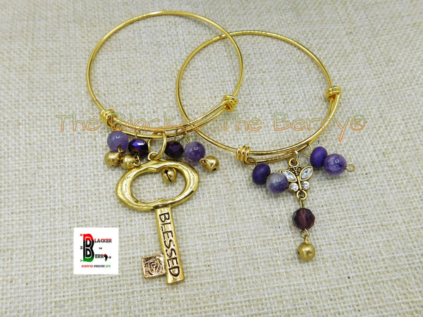 Charm Bangles Gold Tone Purple Blessed Jewelry Women Bracelets Handmade Beaded