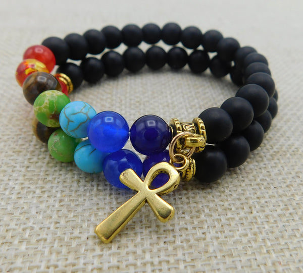 Ankh Bracelet Beaded Black Jewelry Colorful 2 Piece