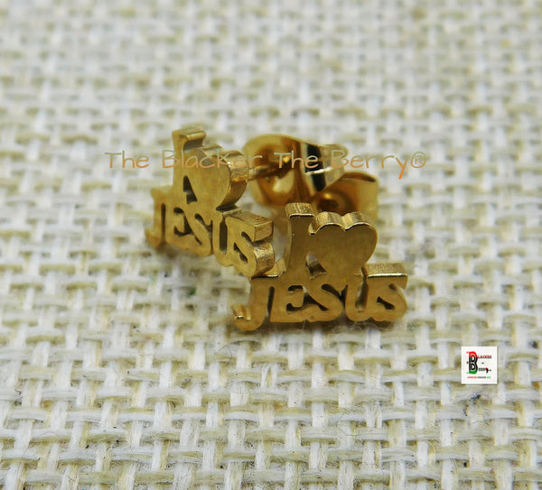 I Love Jesus Stud Earrings Gold Tone Stainless Steel Jewelry