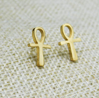 Ankh Stud Earrings Gold Tone Stainless Steel Jewelry