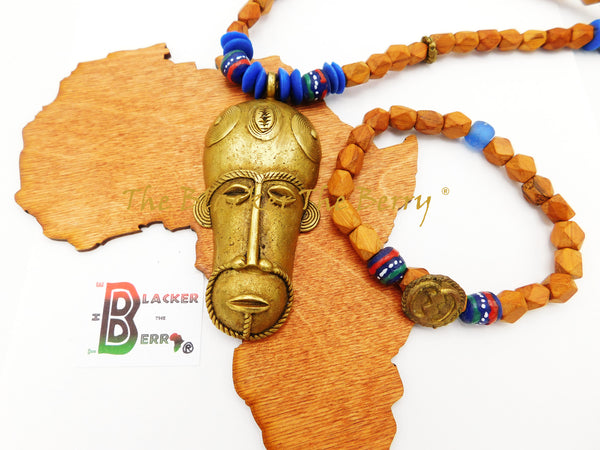 African Men Necklaces Ethnic  Wooden Blue Jewelry Mask Beaded The Blacker The Berry®