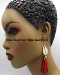 Red Earrings Fringe Gold Tone Cowrie Ethnic Jewelry