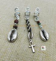 Locs Jewelry Set of 3 Cowrie Silver Beaded Natural Stones Dreads Ankh Dangle Handmade