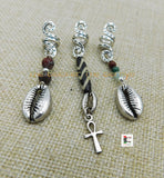 Locs Jewelry Set of 3 Cowrie Silver Beaded Natural Stones Dreads Ankh Dangle Handmade