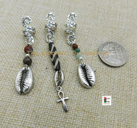 Locs Jewelry Set of 3 Cowrie Silver Beaded Natural Stones Dreads Ankh Dangle Handmade