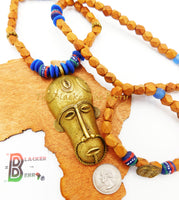 African Men Necklaces Ethnic  Wooden Blue Jewelry Mask Beaded The Blacker The Berry®