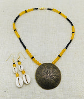 Women Yellow Beaded Jewelry Set Black Antique Bronze Round Circle Pendant Black Owned