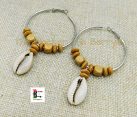 Silver Hoop Earrings Beaded Cowrie Shell Ethnic Jewelry Women Black Owned Brown
