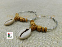 Silver Hoop Earrings Beaded Cowrie Shell Ethnic Jewelry Women Black Owned Brown