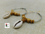 Silver Hoop Earrings Beaded Cowrie Shell Ethnic Jewelry Women Black Owned Brown