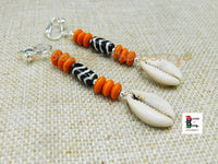 Cowrie Clip On Earring Beaded Orange Jewelry Women Ethnic Handmade