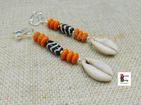 Cowrie Clip On Earring Beaded Orange Jewelry Women Ethnic Handmade