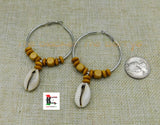 Silver Hoop Earrings Beaded Cowrie Shell Ethnic Jewelry Women Black Owned Brown