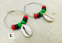 Silver Hoop Earrings Beaded RBG Pan African Cowrie Shell Ethnic Jewelry Women Black Owned