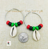 Silver Hoop Earrings Beaded RBG Pan African Cowrie Shell Ethnic Jewelry Women Black Owned