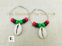 Silver Hoop Earrings Beaded RBG Pan African Cowrie Shell Ethnic Jewelry Women Black Owned