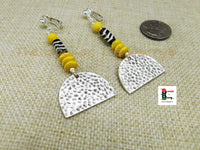 Silver Clip On Earrings Yellow Beaded Jewelry Women Long Handmade Ethnic