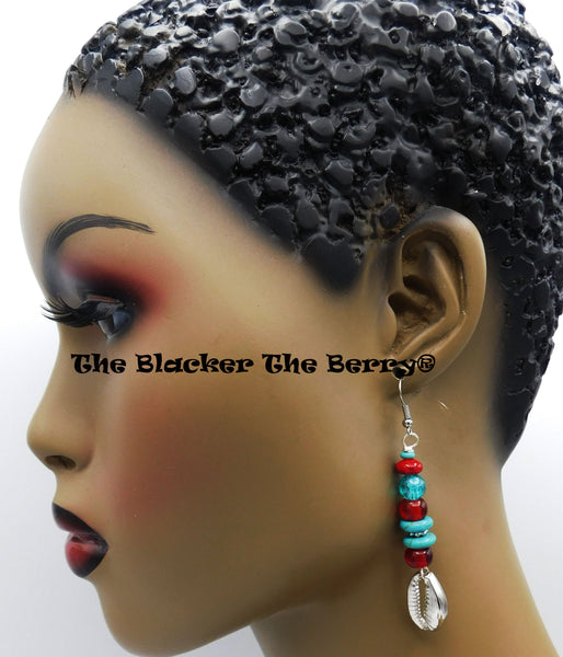 Silver Cowrie Earrings Turquoise Red Beaded Women Jewelry