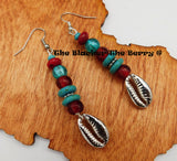 Silver Cowrie Earrings Turquoise Red Beaded Women Jewelry