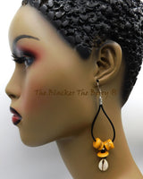 Leather Earrings African Ethnic Beaded Jewelry Black Yellow
