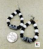 White and Black Earrings Leather Beaded Ethnic Jewelry African Black Owned