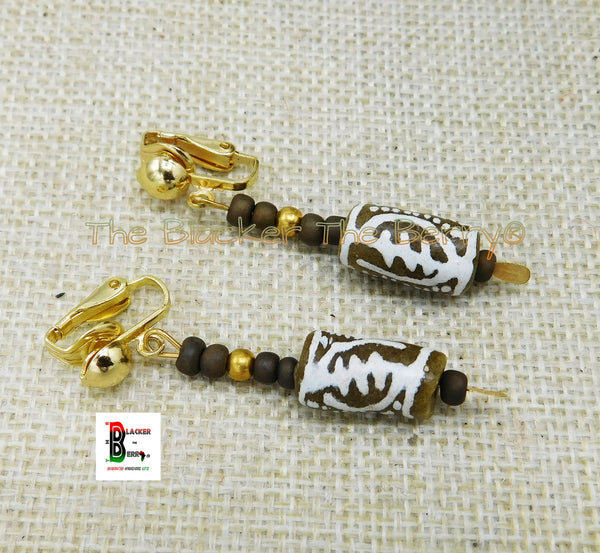 Gye Nyame Clip On Earrings African Beaded Ethnic Jewelry Women Black Owned