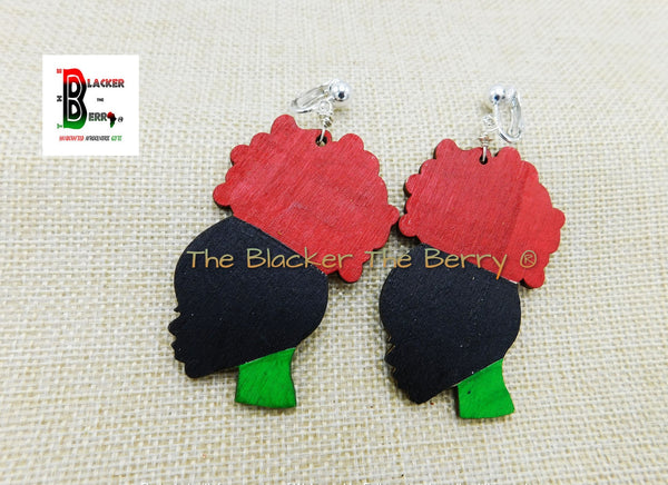 Black Women Silhouette RBG Clip On Earrings Wooden Jewelry Pan African Women Non Pierced